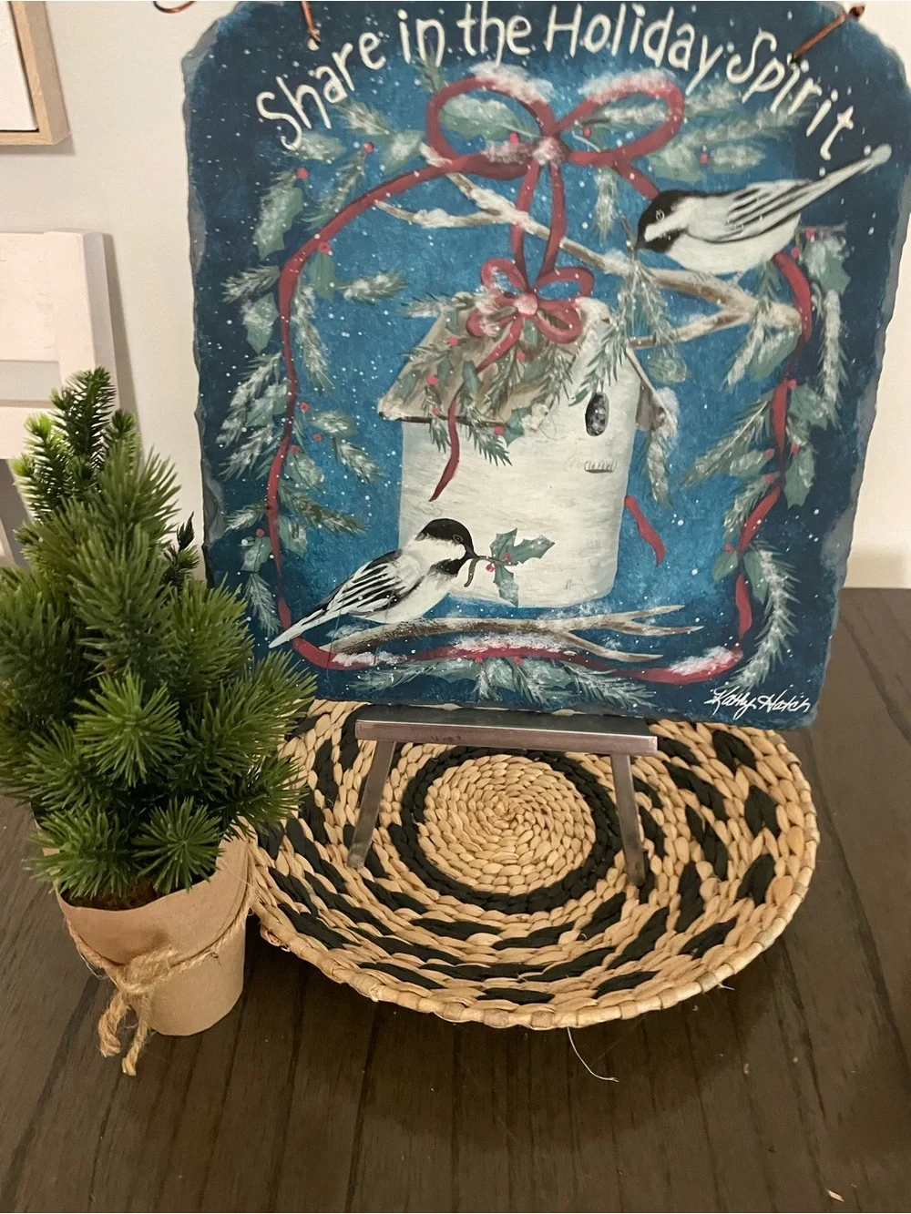 Holiday Slate Plaque Wall Art - Blue Birdhouse Design on slate